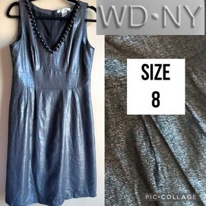 WD NY Womens Dress Gold Metallic Linen Blend V-neck Beaded Neckline Sheath Sz 8